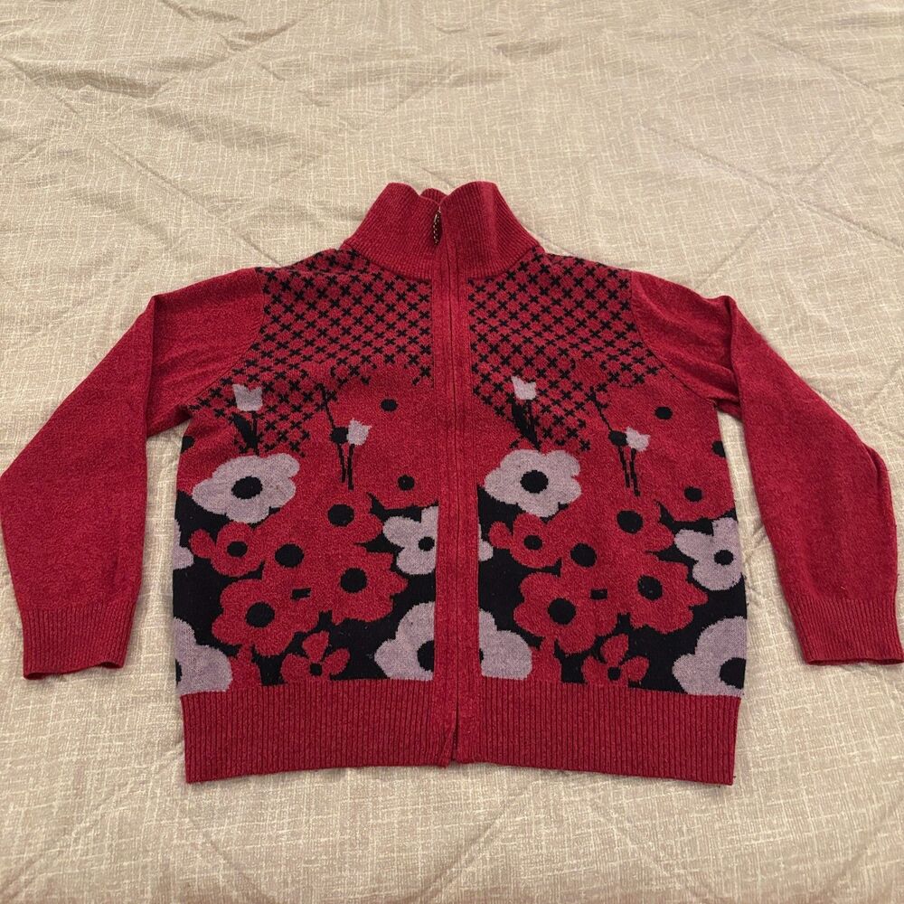 KaRiQu Womens Red Floral Jacquard Cross Stitch Full Zip Cardigan Sweater